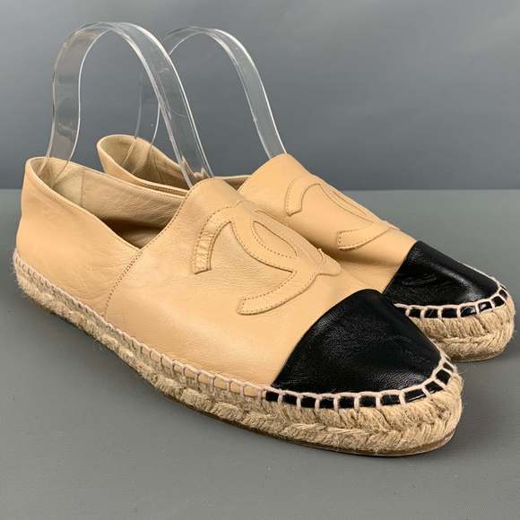 CHANEL Shoes - CHANEL Beige Black Leather Lamb Skin Espadrille Flats